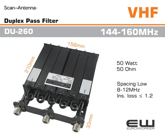 Scan Antenna DU-260 - VHF DuplexFilter (144-160MHz, 50W)
    Velg modell fra menyen: '
        DU-260-L  144-160MHz, 8-12 MHz Not tuned
        DU-260-H  155-174MHz, 8-12 MHz Not tuned

    6-Cavity 50 Watts UHF 450 MHz Duplex Filter
    For use in repeaters and full duplex radios.
    Steel chassis with aluminium extruded cavities.
    High Q silver plated resonators.
    Easy tunning.
    High Q silver plated resonators.

ELECTRICAL SPECIFICATIONS
Type UHF - 6 Cavity Duplex Filter
Frequency
L: 400 - 440 MHz
H: 440 - 475 MHz
HH: 475 - 512 MHz
Spacing 5-8 MHz
8-13 MHz
Insertion loss
5-8 MHz: ≤ 1.5
8-13 MHz: ≤ 1.2
Multi Channel: ≤ 1.5 dB
Isolation - Single
Channel ≥ 80 dB
Isolation - Multi
Channel
5-8 MHz: ≥ 65 dB @ BW = 1.0 MHz
8-13 MHz: ≥ 65 dB @ BW = 2.0 MHz
VSWR ≤ 1:1.5
Impedance 50 Ohm
Maximum Input
Power 50 Watts
Frequency Stability 9 ppm/°C (approx.)
MECHANICAL SPECIFICATIONSMECHANICAL SPECIFICATIONS
Color Black Grey (RAL7021)
Dimension 240 x 156 x 33 mm
Weight 1.0 kg
Operating
Temperature -30°C to +60°C
Connector Type N-female (other optional)
Serial no. On product label

 

ORDERING INFORMATION
DU-7062-L L: 400 - 440 MHz, 8 -13 MHz
Not tuned
DU-7065-L L: 400 - 440 MHz, 5-8 MHz
Not tuned
DU-7062-H H: 440- 475 MHz, 8-13 MHz
Not tuned
DU-7065-H H: 440- 475 MHz, 5-8 MHz
Not tuned
DU-7065-HH HH: 475- 512 MHz, 5-8 MHz
Not tuned
DU-7062-HH H: 475- 512 MHz, 8-13 MHz
Not tuned