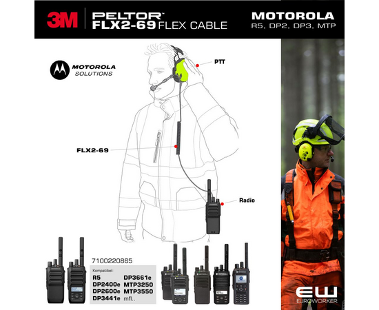 3M Peltor FLX2-69 kabel (Motorola R5, DP2400e, DP2600e, DP3441e, DP3661e, MTP3550) FLX2-69 7100220865, fra euroworker