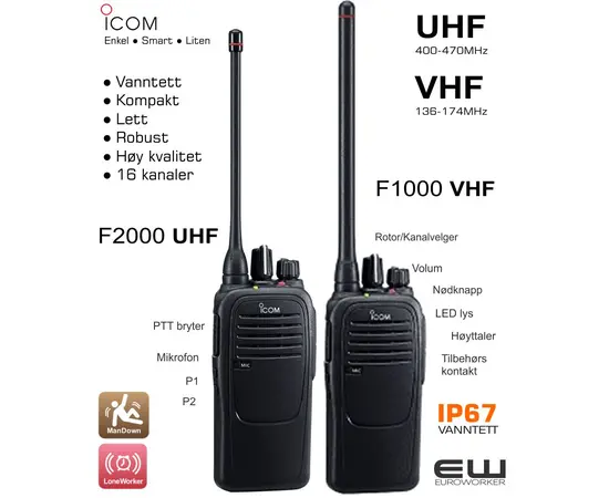 ICOM RADIOTERMINAL IC-F2000 og IC-F1000. F2000   - UHF (400-470MHz)
F1000   - VHF (136-174MH)
F2000S - Display, 4 funksjonstaster, 128 kanaler, UHF (400-470MHz)
F1000S - Display, 4 funksjonstaster, 128 kanaler, VHF (136-174MH)
F2000T - Display, Fullt tastatur, 128 kanaler UHF (400-470MHz)
F1000T - Display, Fullt tastatur, 128 kanaler VHF (13