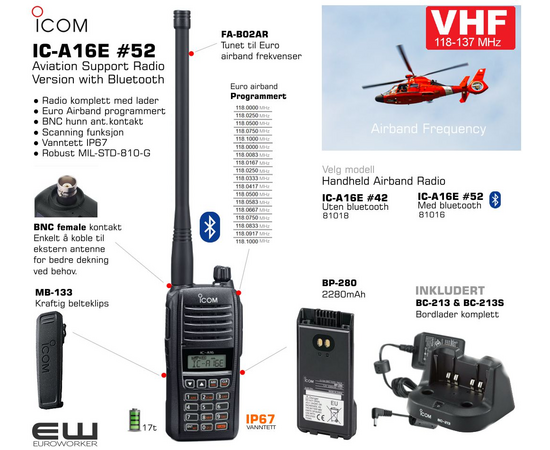 Icom IC-A16E - Euro VHF Airband Handheld Radio (Bakke flyradio, Bluetooth)_ euroworker_ Velg modell fra menyen: 

    IC-A16E #42 - Uten bluetooth (81018)
    IC-A16E #52 - Med bluetooth (81016_euroworkerIcom IC-A16E - Euro VHF Airband Handheld Radio (Bakke flyradio, Bluetooth)_ euroworker_ Velg modell fra menyen: 

    IC-A16E #42 - Uten bluetooth (81018)
    IC-A16E #52 - Med bluetooth (81016_euroworker