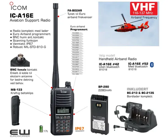 Icom IC-A16E - Euro VHF Airband Handheld Radio (Bakke flyradio, Bluetooth)_ euroworker_ Velg modell fra menyen: 

    IC-A16E #42 - Uten bluetooth (81018)
    IC-A16E #52 - Med bluetooth (81016_euroworkerIcom IC-A16E - Euro VHF Airband Handheld Radio (Bakke flyradio, Bluetooth)_ euroworker_ Velg modell fra menyen: 

    IC-A16E #42 - Uten bluetooth (81018)
    IC-A16E #52 - Med bluetooth (81016_euroworker