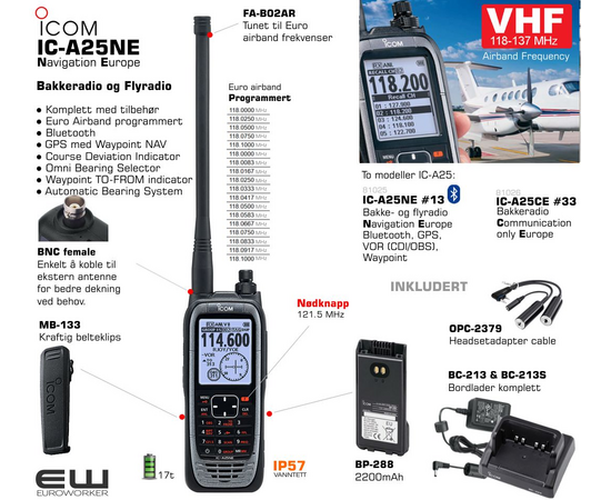 Icom IC-A25NE #13 VHF Airband Handheld Radio med Navigation Europe