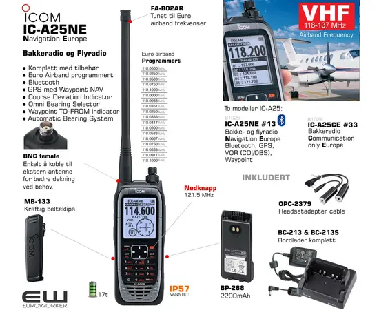 Icom IC-A25NE #13 VHF Airband Handheld Radio med Navigation Europe