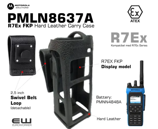Motorola PMLN8637A
    Passer til: R7Ex FKP
    Hard Leather Carry Case
    2,5 inch Swivel Belt Loop (avtagbart)
    Passer med batteri: PMNN4848A