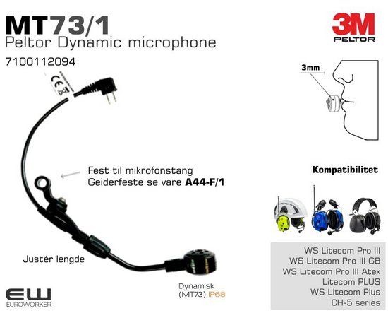 3M Peltor MT73/1 - Dynamisk Mikrofon (IP68) 7100112094