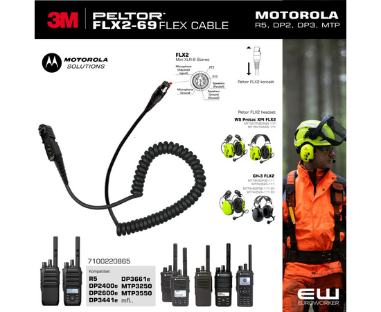 3M Peltor FLX2-69 kabel (Motorola R5, DP2400e, DP2600e, DP3441e, DP3661e, MTP3550) FLX2-69 7100220865, fra euroworker