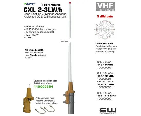 CXL 2-3LW/l 100000092 146 - 154 MHz
CXL 2-3LW/lm 100000091 153 - 162 MHz
CXL 2-3LW/hm 100000093 158 - 167 MHz
CXL 2-3LW/h 100000090 166 - 175 MHz