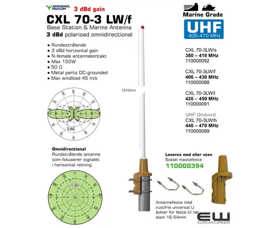 Procom CXL 70-3LW - 3 dBd Gain UHF Basestasjon og Marine Antenne, CXL 70-3LW - 110000089