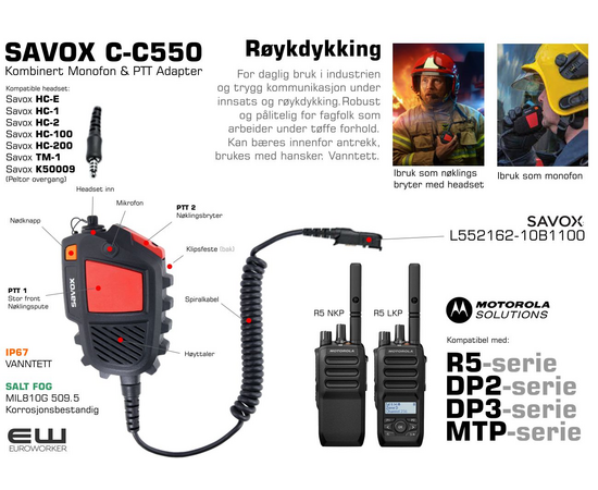 Savox C-C550 Kombinert Monofon & PTT Adapter Røykdying (Motorola R5, DP2-serie, DP3-serie, MTP-serie)-L552172-10B1100