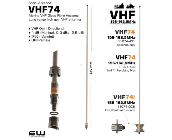 Scan Antenna VHF74 - 4dB Gain Marine Glassfiber Antenna (156-162,5MHz)