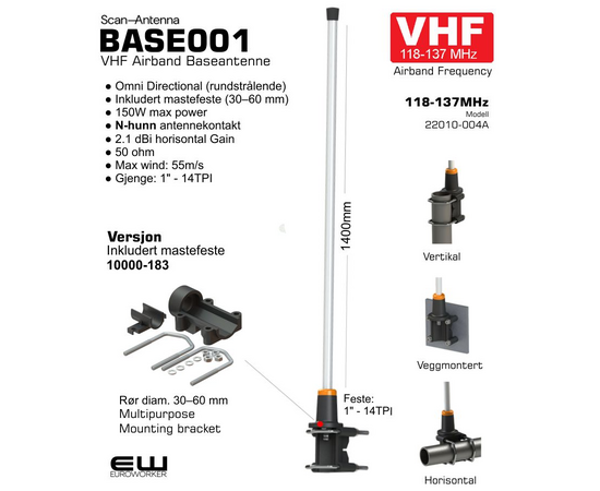Scan Antenna BASE001 - 118-137MHz VHF Airband Rundstrålende Baseantenne (2,1 dBi gain)