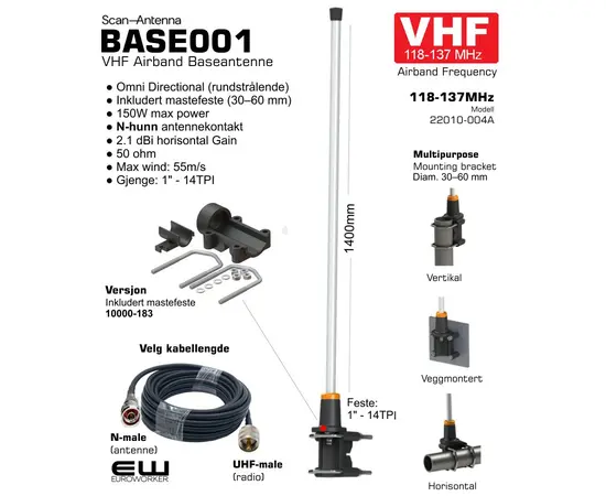 VHF Airband Radio - Ekstern Antennekit (Bygg og Kjøretøy)
