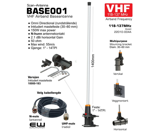 AIRBAND ANTRENNA - Scan Antenna BASE001 - VHF Rundstrålende Baseantenne (2,1 dBi gain, 22010-004)