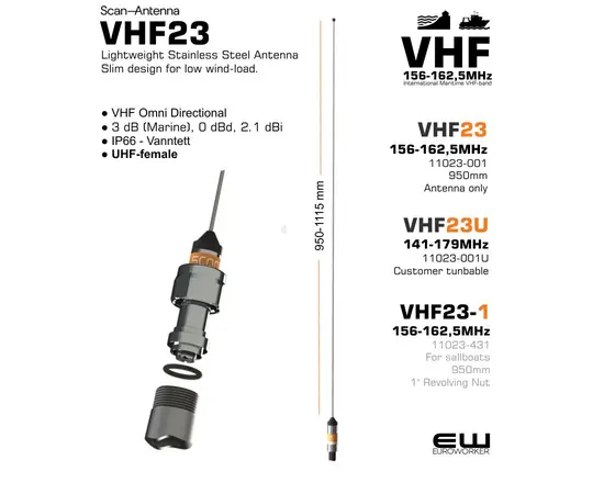 3 dB Light-weight VHF Stainless Steel Antenna
Light weight stainless steel antenna especially made for sail boats
1/2 λ antenna design
Full omni-directional radiation pattern
No groundplane needed
Electrical Specifications:
Frequency 156 - 162.5 MHz (International Maritime VHF-band)
Bandwidth 6.5 MHz
Impedance 50 ohm
VSWR < 1.5
Polarisation Vertical
Gain 3 dB (Marine), 0 dBd, 2.1 dBi
Max. Input Power 150 W
Mechanical Specifications:
Color Polished stainless steel and chrome
Height Approx. 950 mm
Mounting With supplied bracket (See "Part No.")
Mounting place On deck, rail or mast depending on bracket type
Materials Stainless steel, POM and chrome plated solid brass
Operating
temperature
-55C to +70C (IEC 60068-2-1, IEC 60068-2-2)
Connector UHF-female
Cable No cable supplied
Ingress Protection IP66
Serial no. On product label