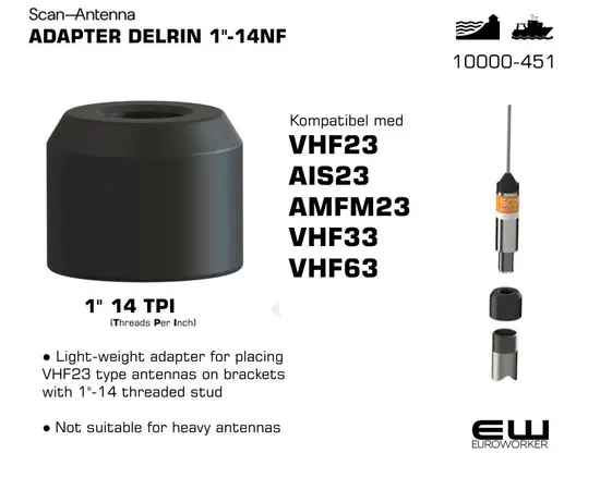10000-451 
Scan Antenna ADAPTER DELRIN 1"-14NF (VHF23, AIS23, AMFM23, VHF33, VHF63)
euroworker