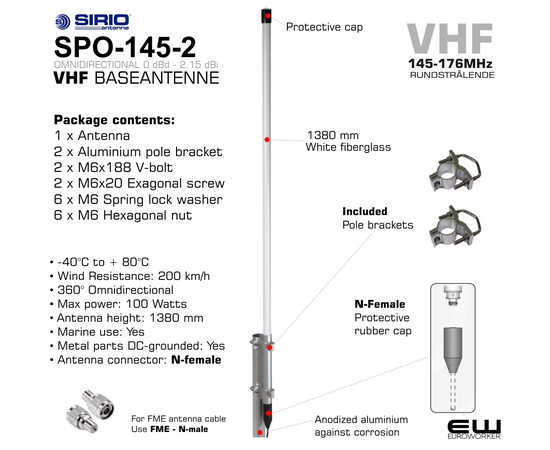 Sirio SPO-145-2 VHF Baseantenne Dipole Rundstrålende (145-175 MHz)
