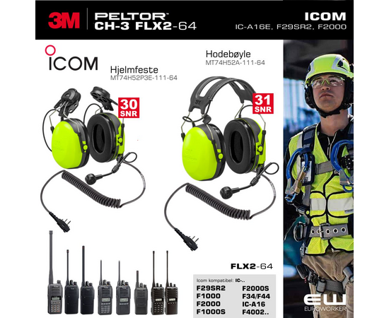 3M Peltor CH-3 FLX2 PTT Hi-Viz for Icom (A16E, F29SR2, F1000, F2000)