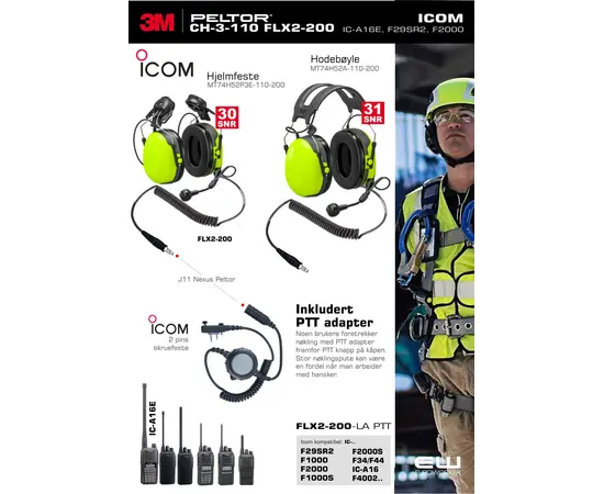 3M Peltor CH-3 Hi-Viz med PTT Adapter til Icom IC-A16E, F2000, F29SR2 mfl..Hjelm MT74H52P3E-110-200-71621 Hodebøyle MT74H52A-110-200-71621