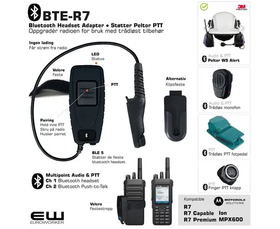 BTE-R7 - Bluetooth Headset & PTT Adapter for Motorola R7-serie (Støtter Peltor PTT protokoll)