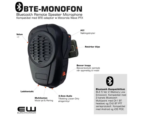 BTE-Monofon Blutetooth Remote Speaker Microphone (BLE 5, Wave PTX)