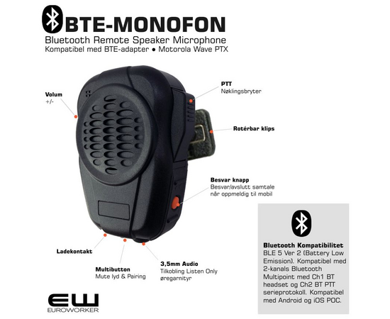 BTE-DP4 - Smart Bluetooth Adapter for Motorola DP4000-serie (Støtter Peltor PTT protokoll) DP4400e (DP4600e, DP4800e..)