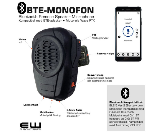 BTE-Monofon Blutetooth Remote Speaker Microphone (BLE 5, Wave PTX)