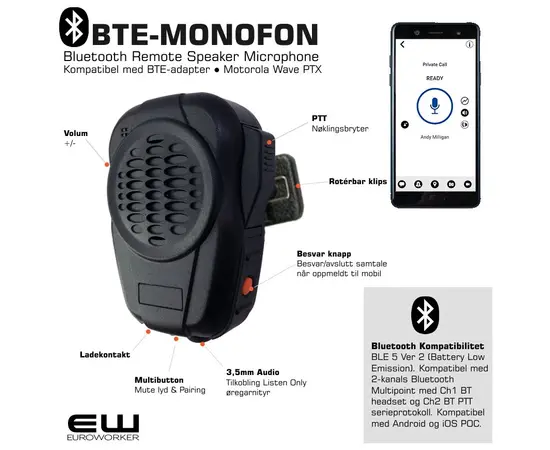 BTE-Monofon Blutetooth Remote Speaker Microphone (BLE 5, Wave PTX)