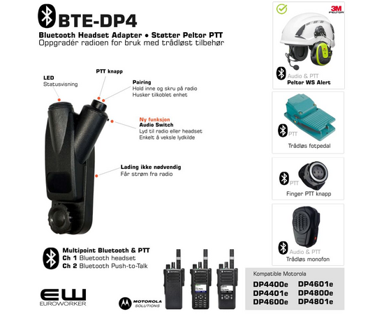 BTE-DP4 - Smart Bluetooth Adapter for Motorola DP4000-serie (Støtter Peltor PTT protokoll) DP4400e (DP4600e, DP4800e..)