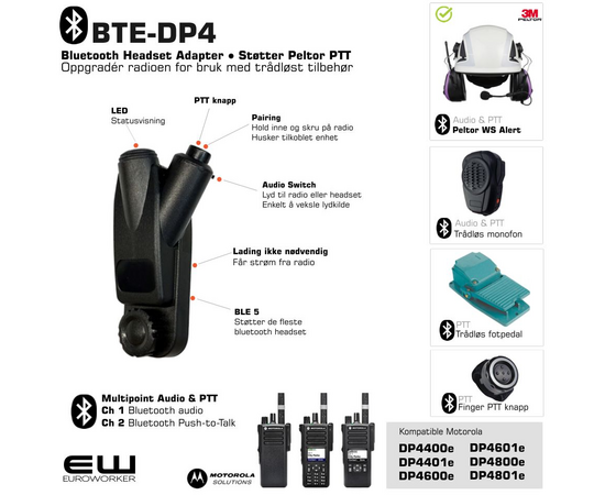 BTE-DP4 - Smart Bluetooth Adapter for Motorola DP4000-serie (Støtter Peltor PTT protokoll) DP4400e (DP4600e, DP4800e..)