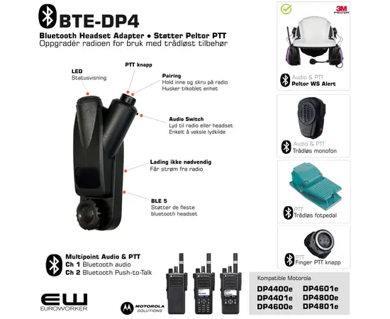 BTE-DP4 - Smart Bluetooth Adapter for Motorola DP4000-serie (Støtter Peltor PTT protokoll) DP4400e (DP4600e, DP4800e..)