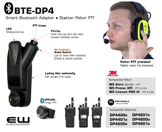 BTE-DP4 - Smart Bluetooth Adapter for Motorola DP4000-serie (Støtter Peltor PTT protokoll) DP4400e (DP4600e, DP4800e..)