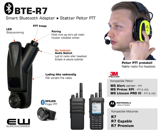 BTE-R7 - Bluetooth Headset & PTT Adapter for Motorola R7-serie (Støtter Peltor PTT protokoll)