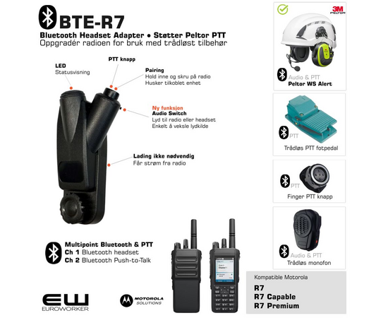 BTE-R7 - Bluetooth Headset & PTT Adapter for Motorola R7-serie (Støtter Peltor PTT protokoll)