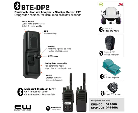 BTE-DP2 Bluetooth Adapter for Motorola DP2000-serie (Peltor PTT protokoll)