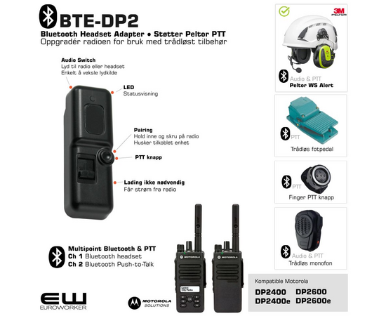 BTE-DP2 Bluetooth Adapter for Motorola DP2000-serie (Peltor PTT protokoll)