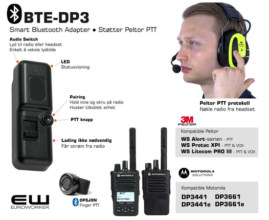 BTE-DP3 Smart Bluetooth Adapter for Motorola DP3441e og DP3661e (Peltor PTT protokoll)