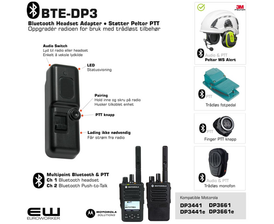 BTE-DP3 Smart Bluetooth Adapter for Motorola DP3441e og DP3661e (Peltor PTT protokoll)
