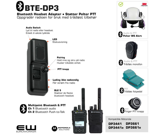 BTE-DP3 Smart Bluetooth Adapter for Motorola DP3441e og DP3661e (Peltor PTT protokoll)