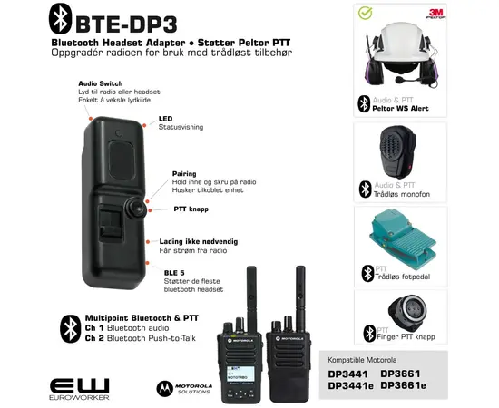 BTE-DP3 Smart Bluetooth Adapter for Motorola DP3441e og DP3661e (Peltor PTT protokoll)