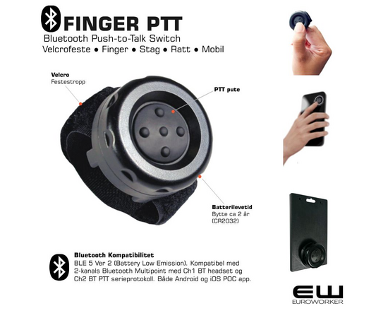Bluetooth Finger PTT Switch (For BTE- Radio Adapter og POC app)