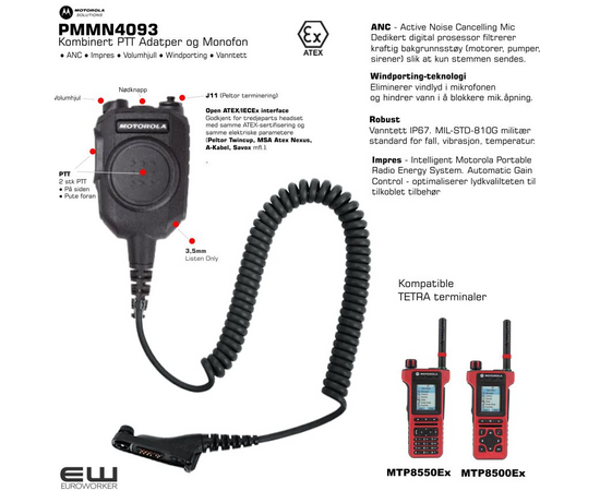 Motorola PMMN4093 Kombinert PTT Adapter og Monofon Atex (MTP8000Ex-serien)