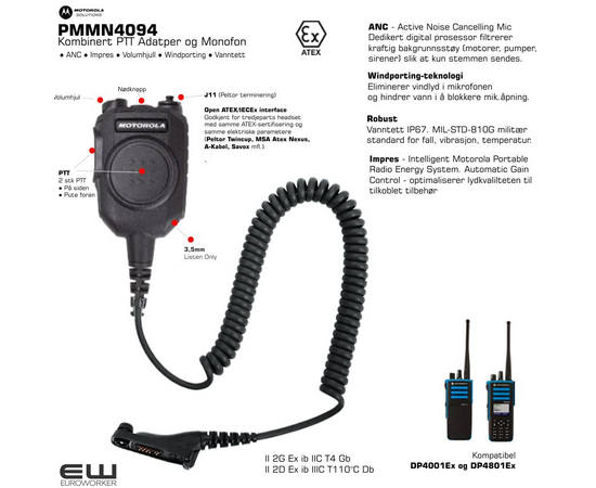 Motorola PMMN4094 Atex - Kombinert PTT Adatper og Monofon (R7Ex