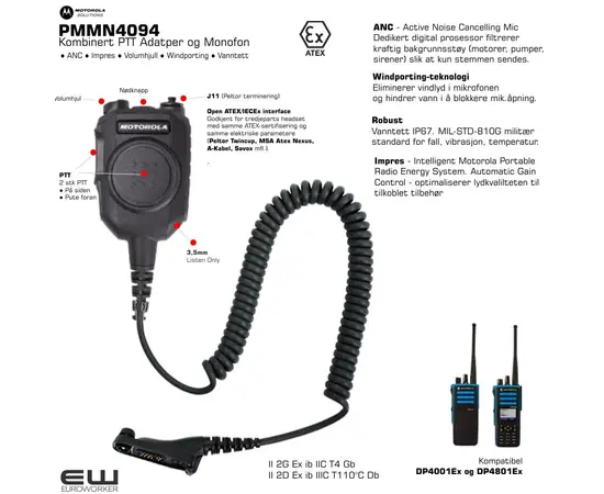 Motorola PMMN4094 Atex - Kombinert PTT Adatper og Monofon (R7Ex