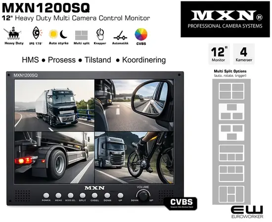 MXN MXN1200SQ – 12" Profesjonell Industriell Monitor (4 kameraer)