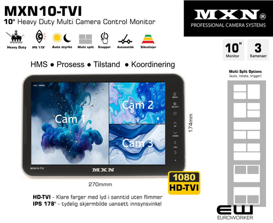 MXN10-TVI - 10" Heavy Duty Multi Camera Control Monitor (3 kameraer)