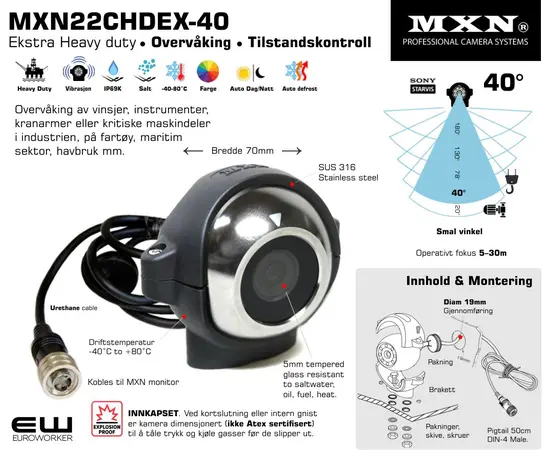 MXN MXN22CHDEX-40 ● 40° (5-30m) Extra Heavy Duty Wide Focus Multi Purpose Ball Camera, eksplosjonssikkert, men ikke atex sertifisert