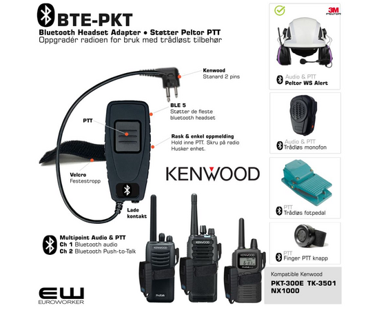 BTE-PKT Bluetooth Headset Adapter for Kenwood 2-pin (3M Peltor protokoll)