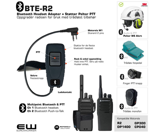Bluetooth Headset Adapter for Motorola DP1400 og R2 (Peltor BT protokoll)