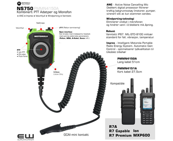 Motorola NS750 - Kombinert PTT Adatper og Monofon (R7-serie, MXP600, Ion)