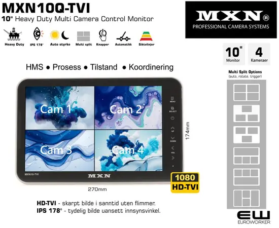 MXN10-TVI - 10" Heavy Duty Quad Multi View Monitor (4 kameraer)